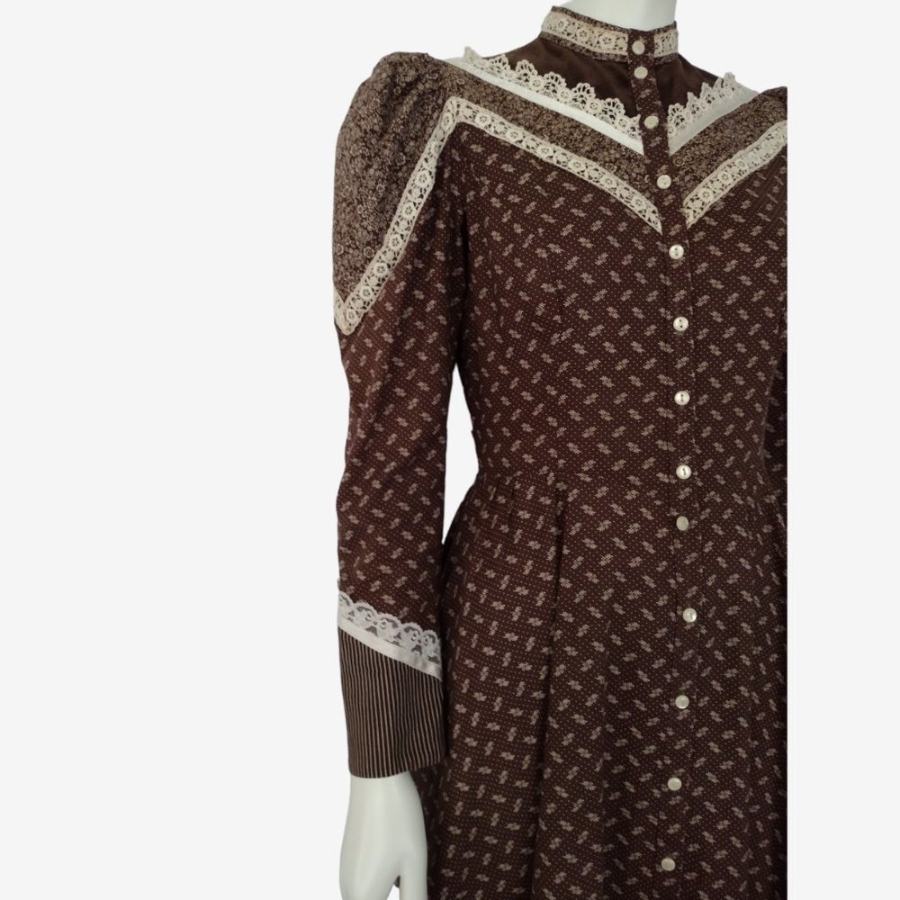 Vintage 70s Gunne Sax Brown Calico Puff Shoulder Button Down Prairie Dress - Picture 8 of 13